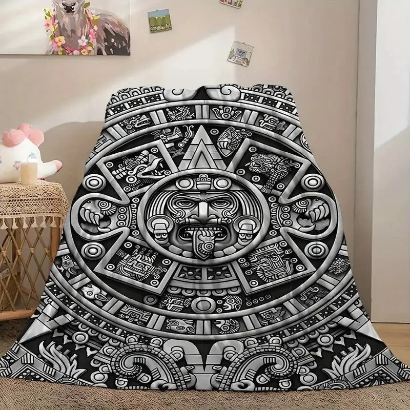 Aztec Sun Stone Blanket Ancient Tribal Calendar Relief Graphic Flannel Throw Blanket