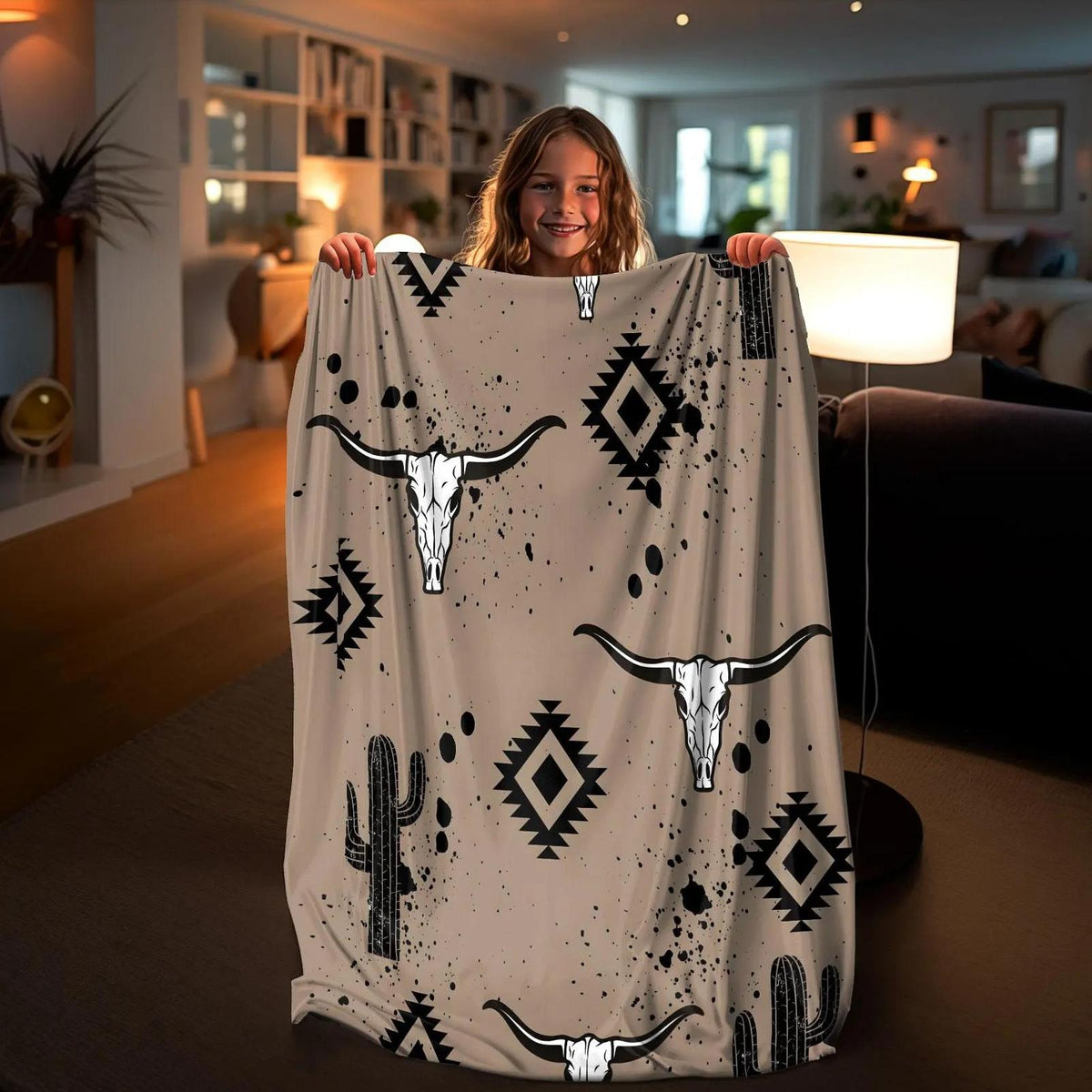 Western Desert Cactus Bull Head Pattern Blanket
