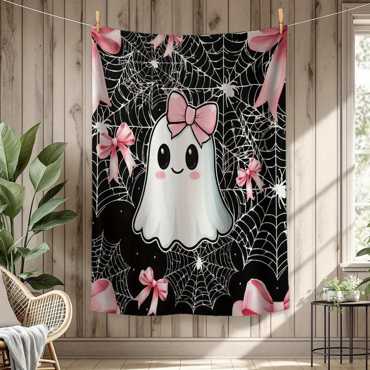 Halloween Ghost Pink Bow Spider Web Theme Flannel Blanket