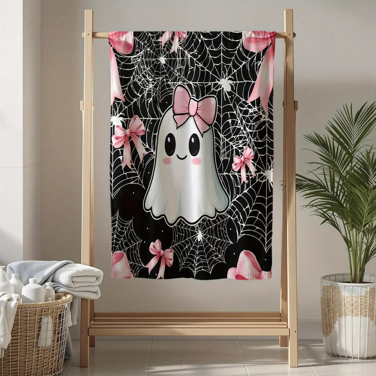 Halloween Ghost Pink Bow Spider Web Theme Flannel Blanket