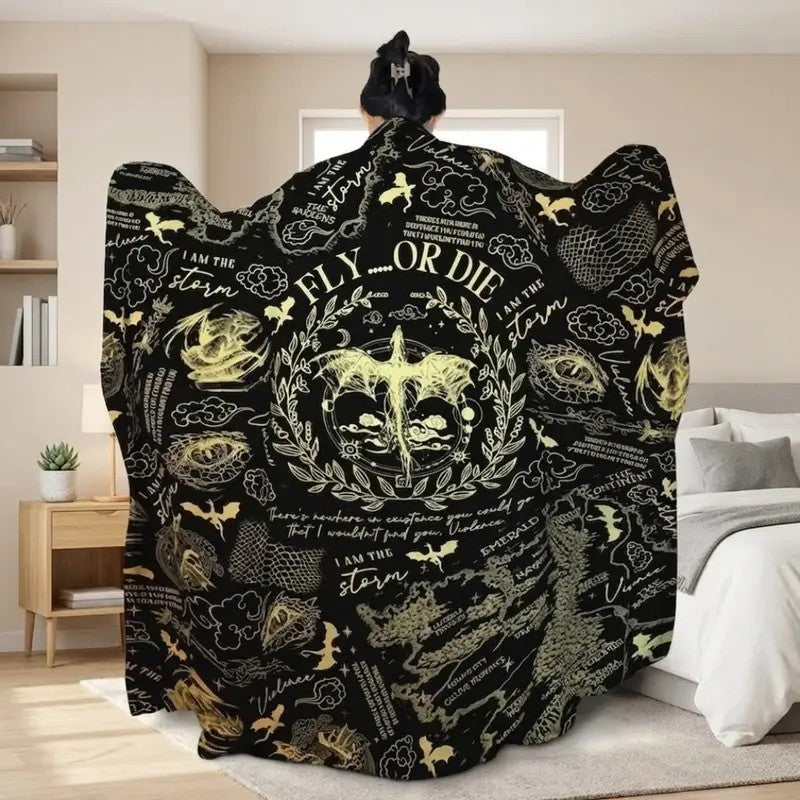 Dark Fantasy Dragon Emblem Ancient Manuscript Graphic Flannel Blanket
