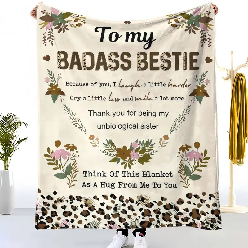 To My Badass Bestie Floral Letter Design Leopard Print Friendship Gift Soft Flannel Throw Blanket