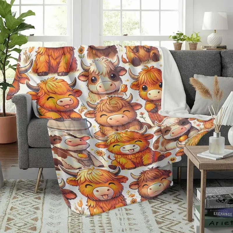 Cute Highland Cow Print Adorable Baby Cows Cozy Farmhouse Decor Flannel Blanket