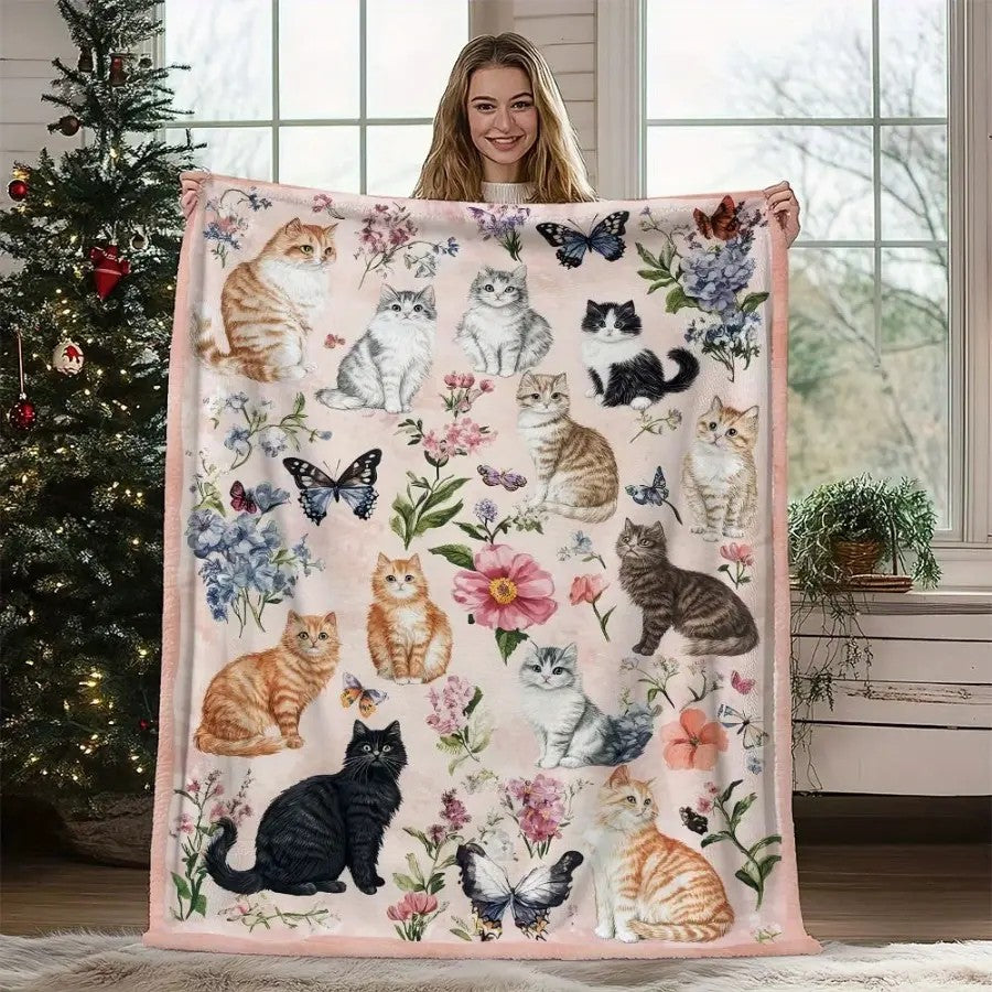 Cute Cat Flower Butterfly Blanket