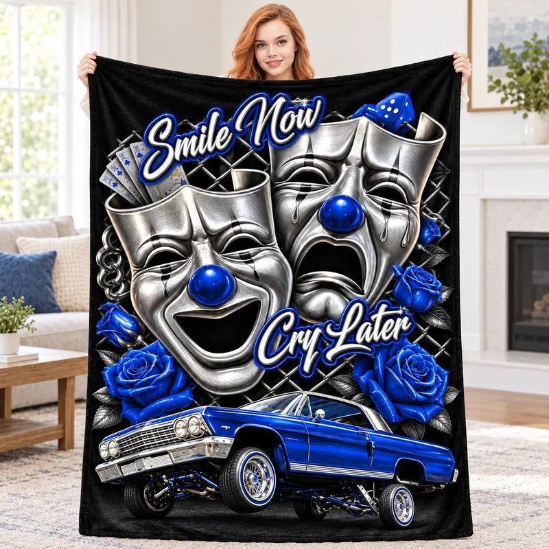 Smile Now Cry Later Cartoon Mask Graphic Flannel Blanket