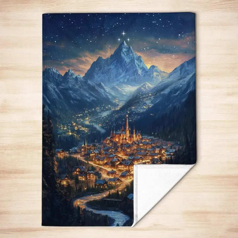 Fantasy Book Lovers Gift Enchanted Mountain Kingdom Starry Night Sky & Golden Castle Print Soft Flannel Blanket