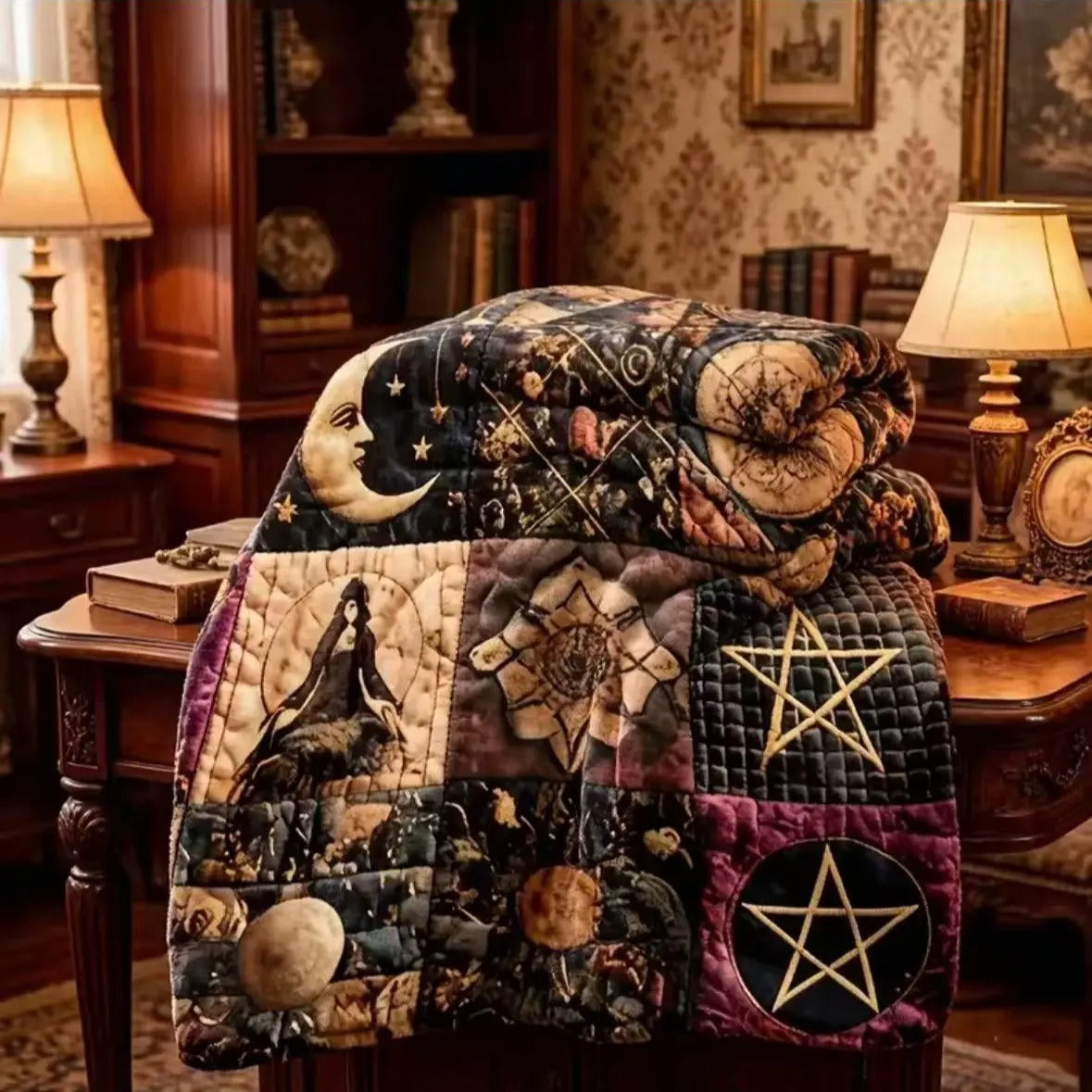 Classic Vintage Gothic Witch Quilted Flannel Throw Blanket