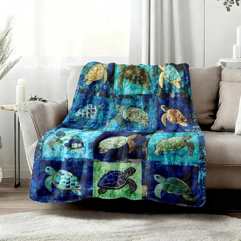 Ocean Sea Turtle Blanket Coastal Patchwork Soft Flannel Throw Blanket