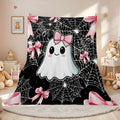 Halloween Ghost Pink Bow Spider Web Theme Flannel Blanket