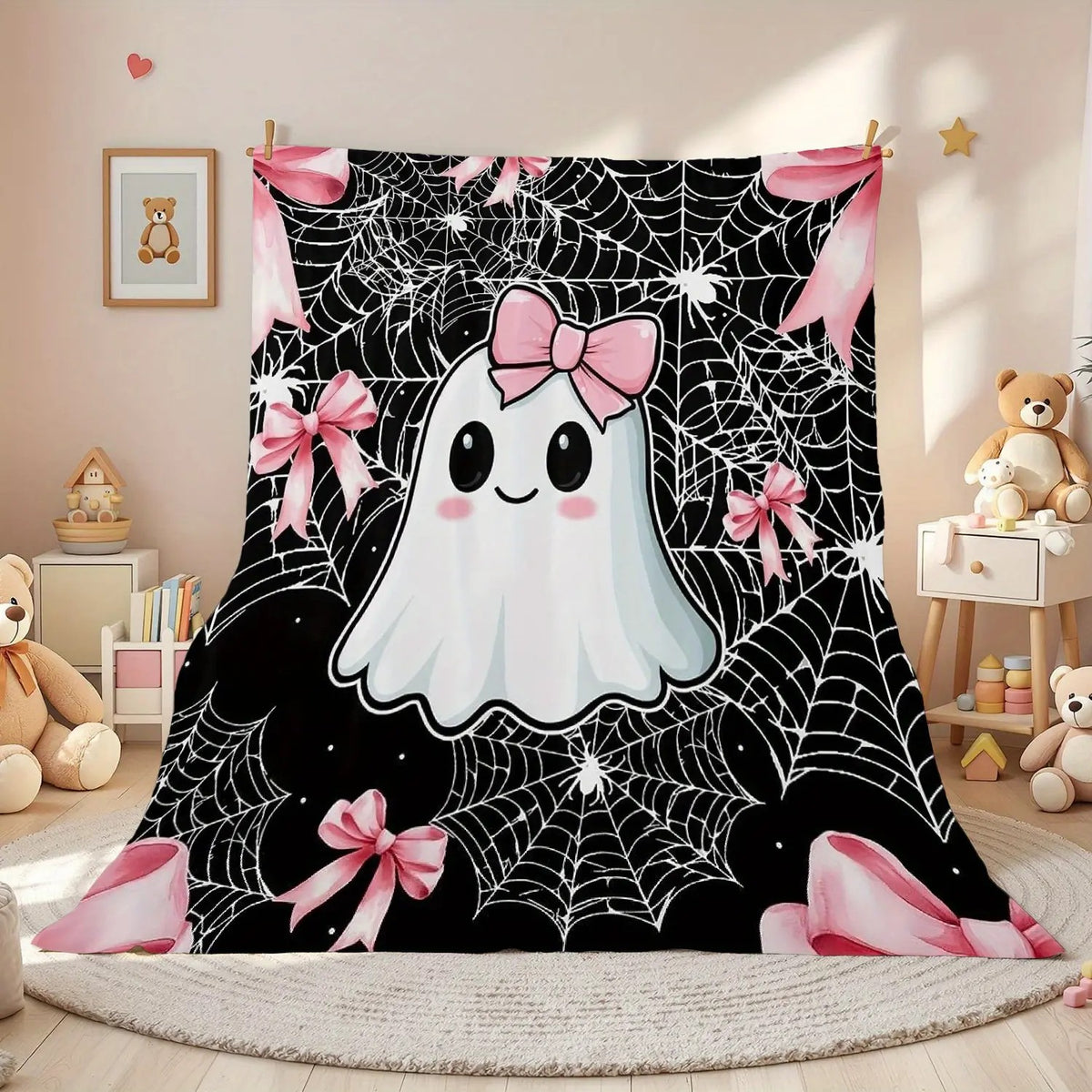 Halloween Ghost Pink Bow Spider Web Theme Flannel Blanket