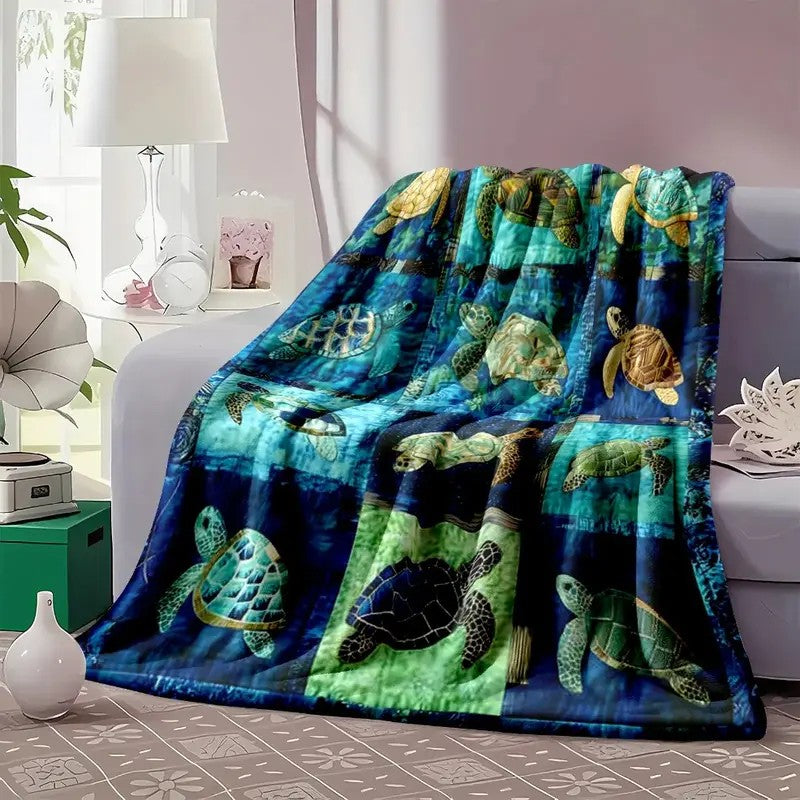 Ocean Sea Turtle Blanket Coastal Patchwork Soft Flannel Throw Blanket