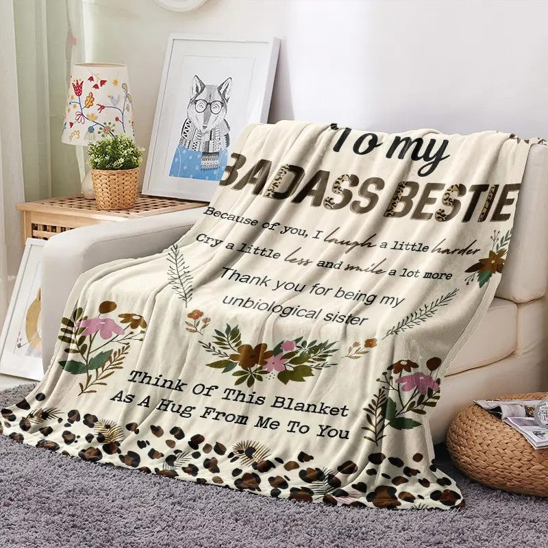 To My Badass Bestie Floral Letter Design Leopard Print Friendship Gift Soft Flannel Throw Blanket