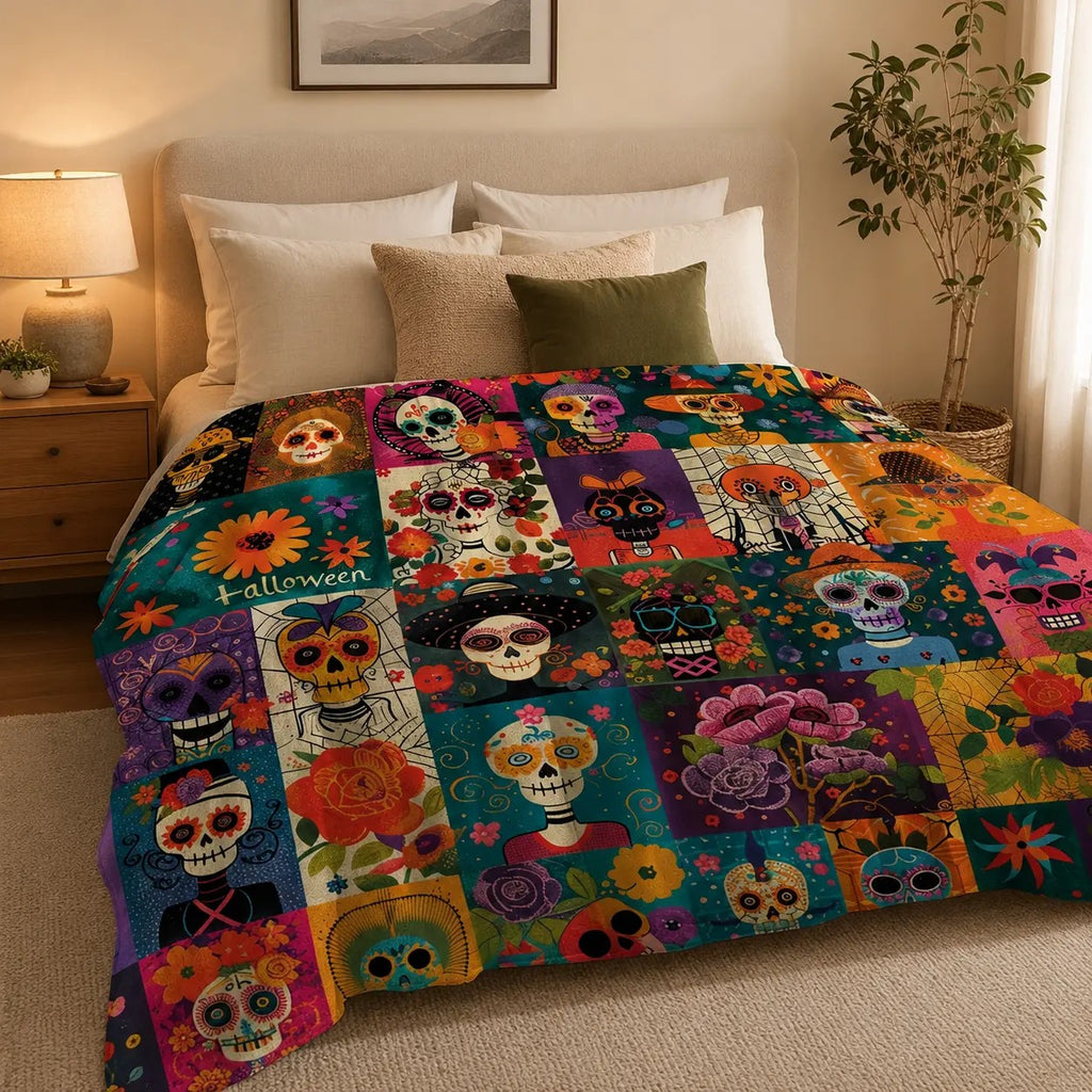 Day of the Dead Sugar Skull and Floral Blanket