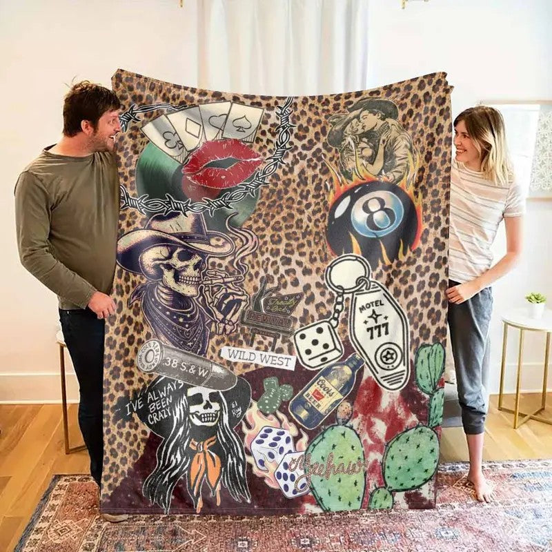 Vintage Western Cowgirl Skull Leopard Print Collage Flannel Blanket