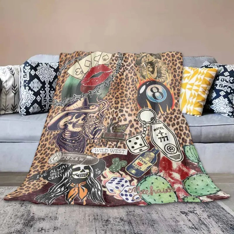 Vintage Western Cowgirl Skull Leopard Print Collage Flannel Blanket