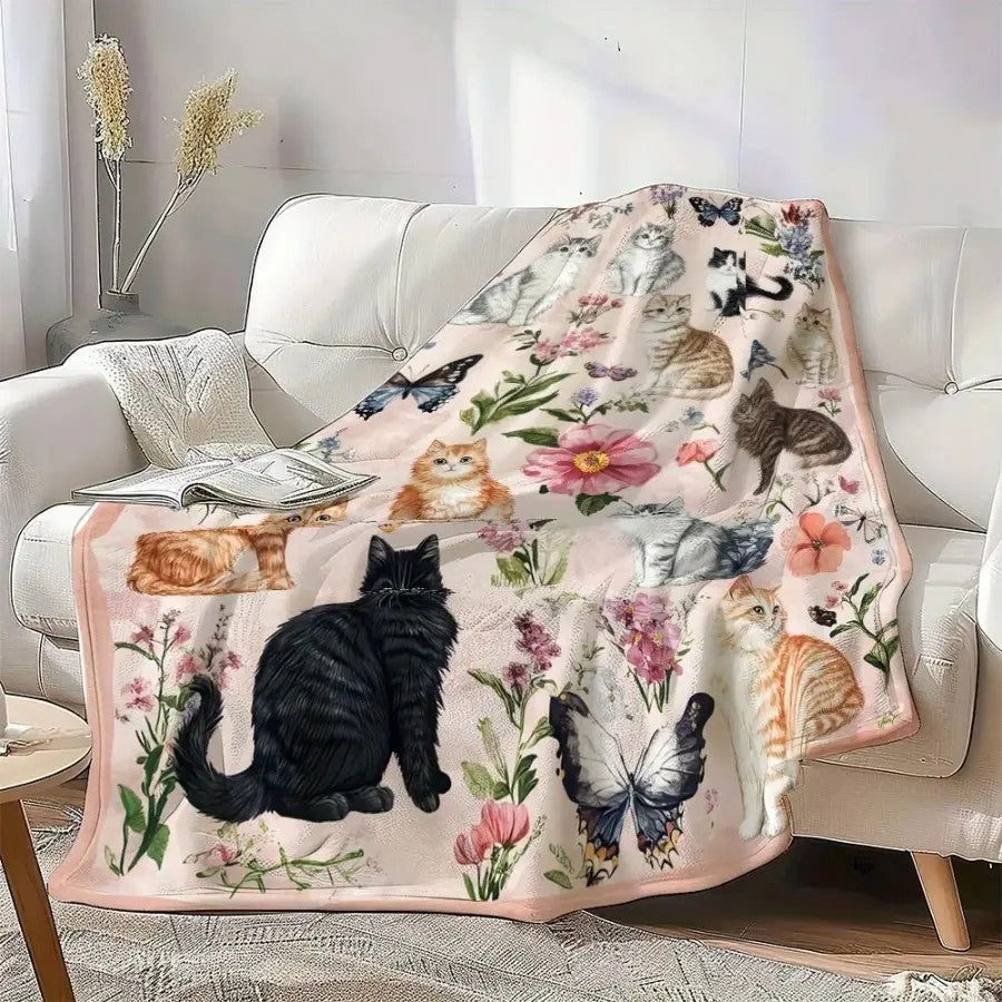 Cute Cat Flower Butterfly Blanket
