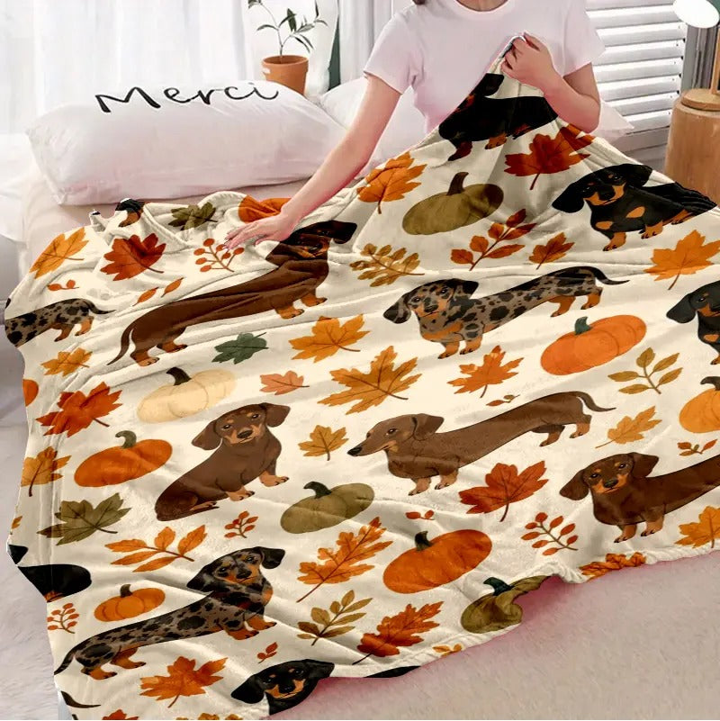 Dachshund Pumpkin Fall Leaves Flannel Blanket