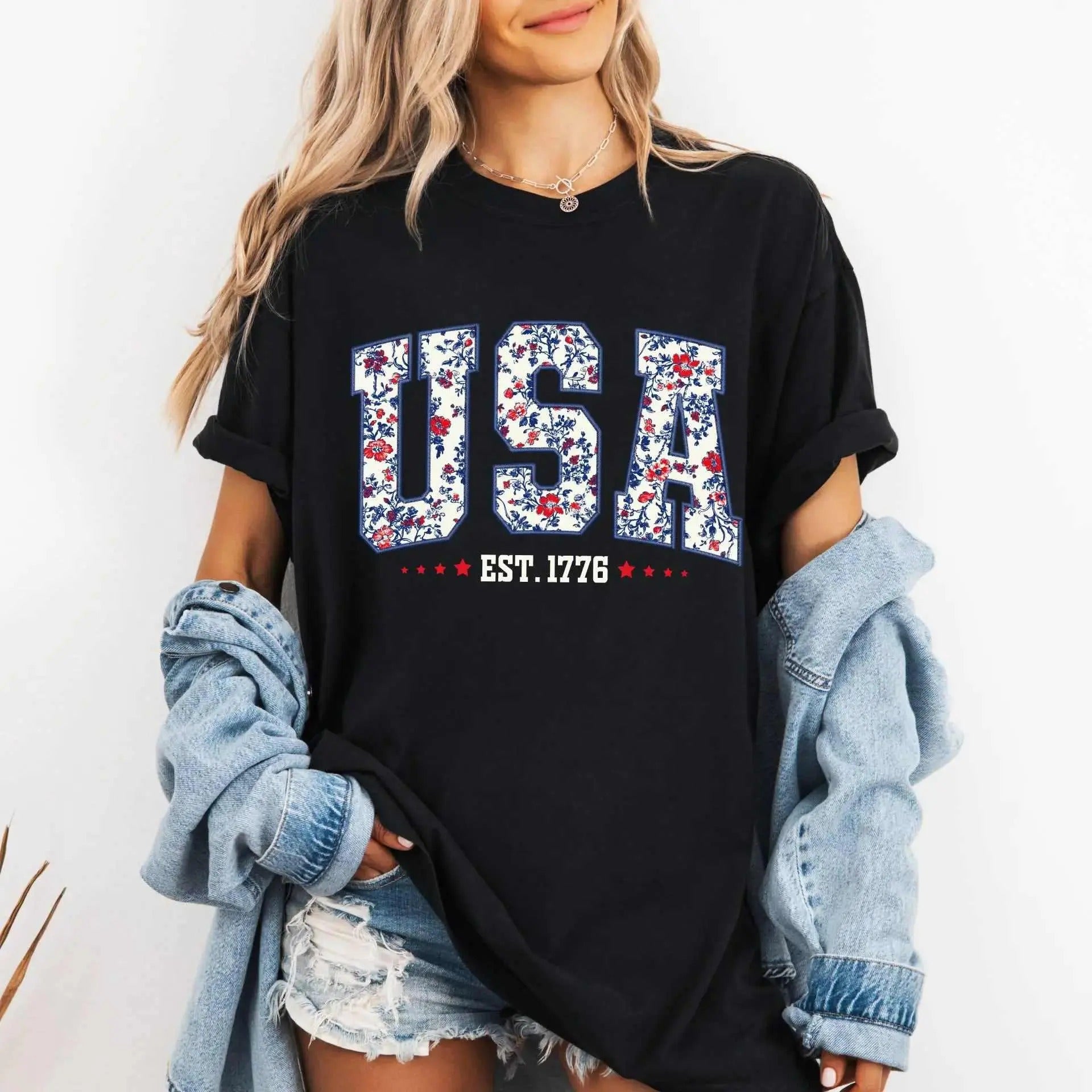 Floral USA Digital Print Not Embroidered T-Shirt/Sweatshirt/Hoodie