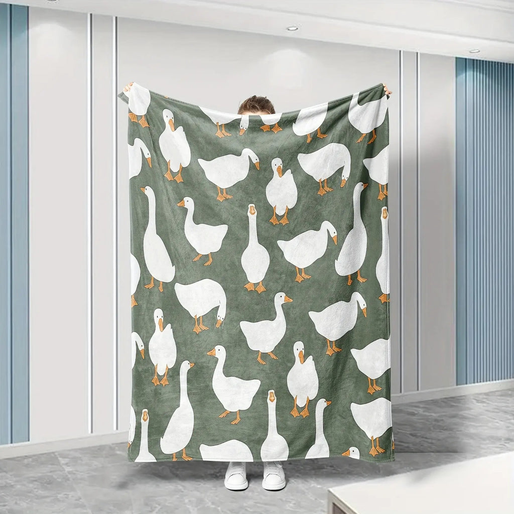 Sage Green Plush with Cute White Goose Blanket