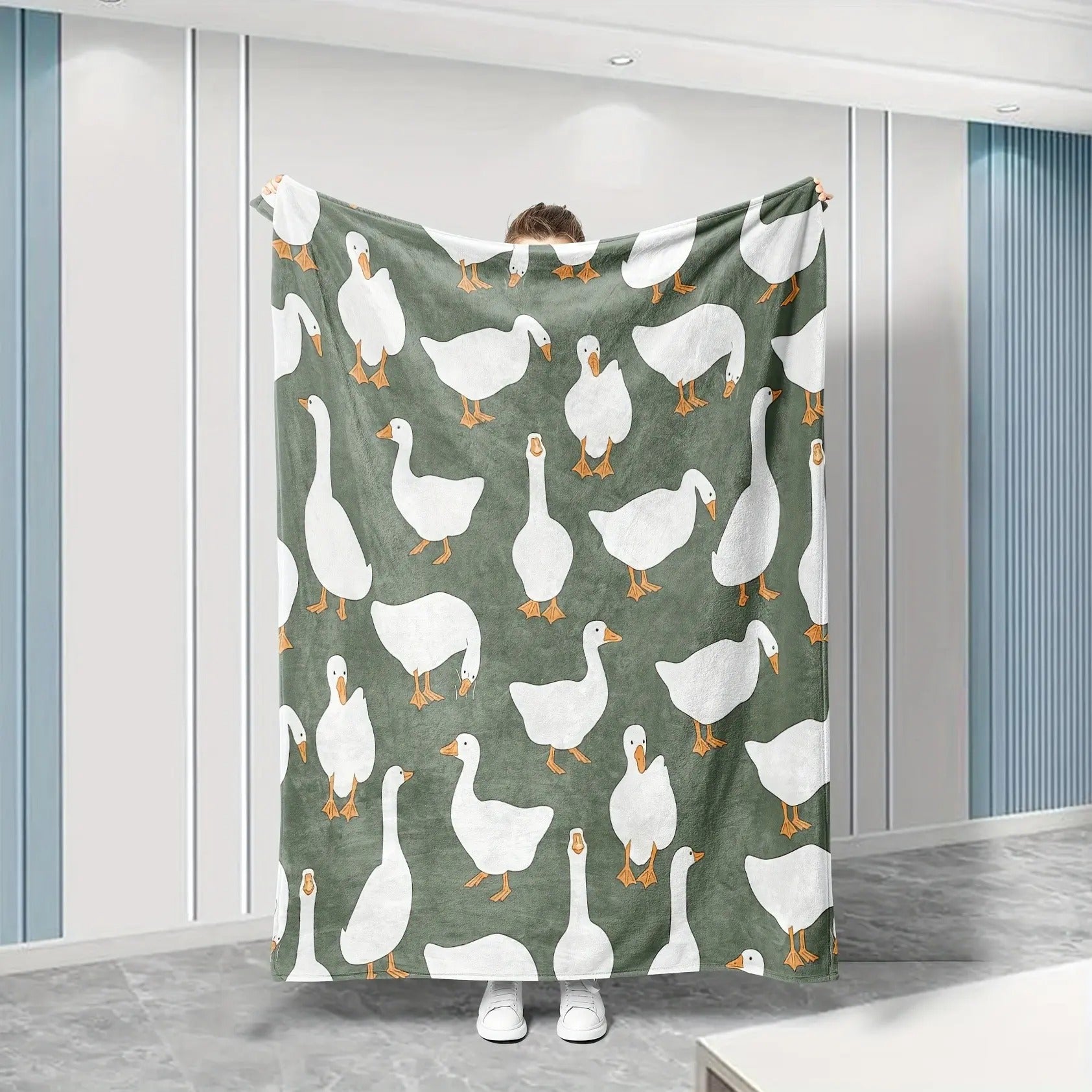 Sage Green Plush with Cute White Goose Blanket
