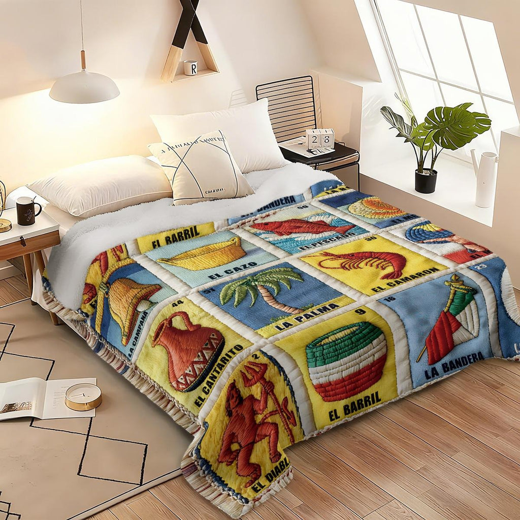Mexican Loteria Card Themed Quilted Blanket