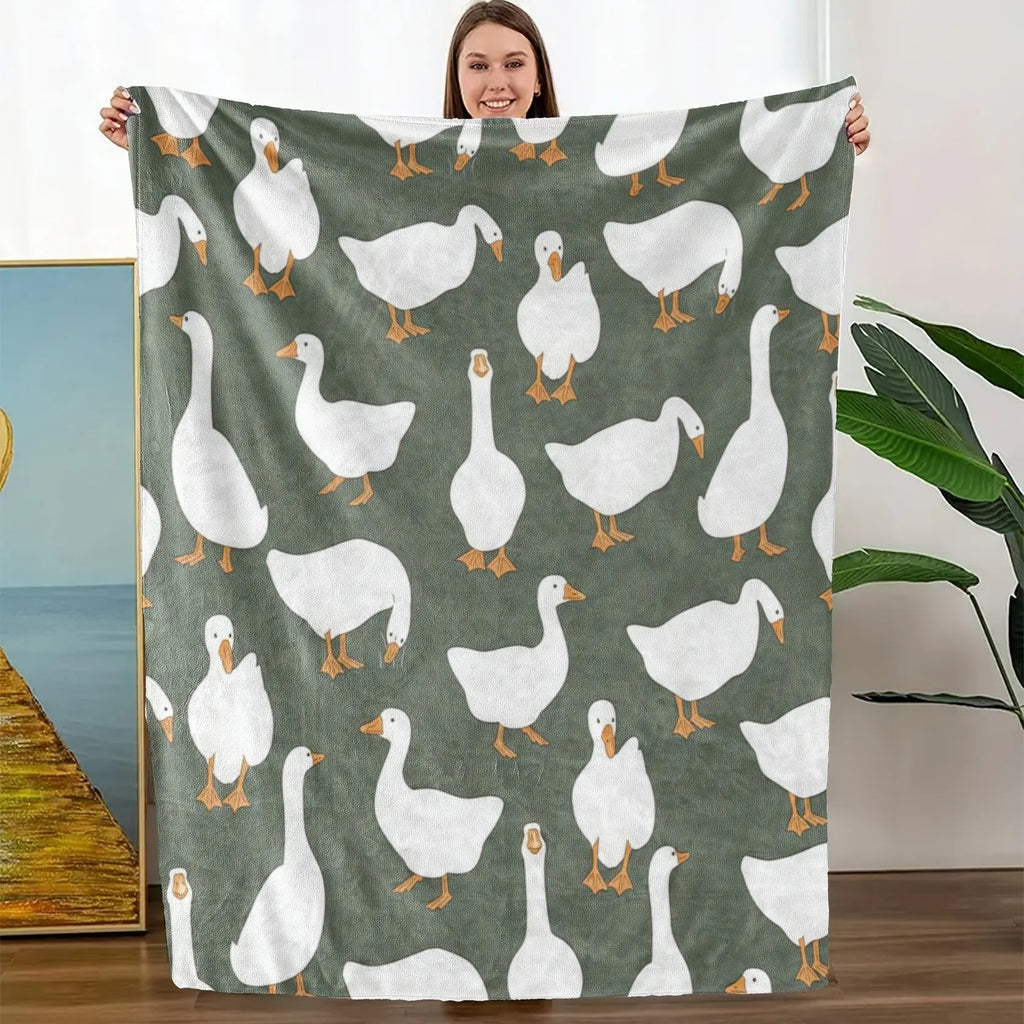 Sage Green Plush with Cute White Goose Blanket