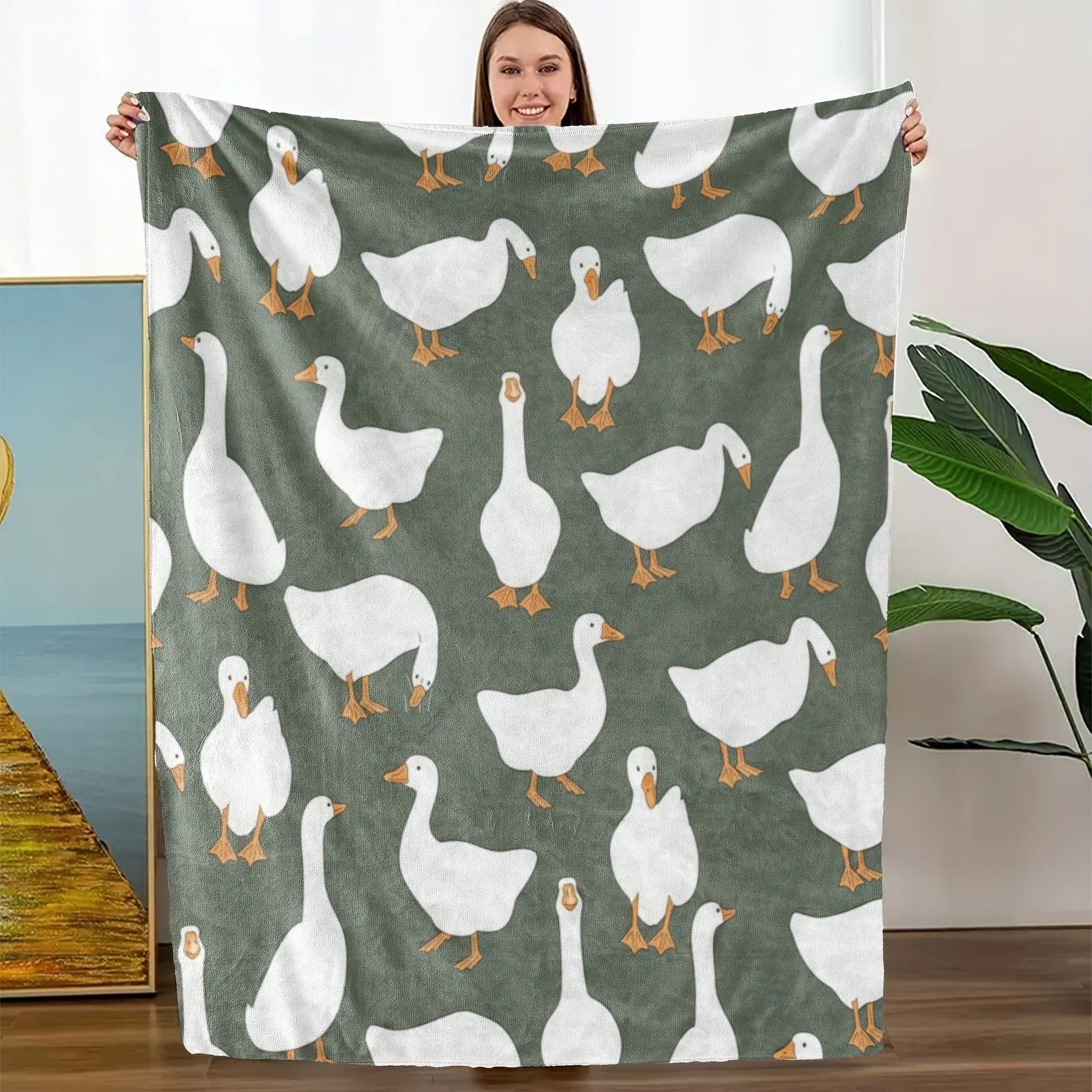 Sage Green Plush with Cute White Goose Blanket