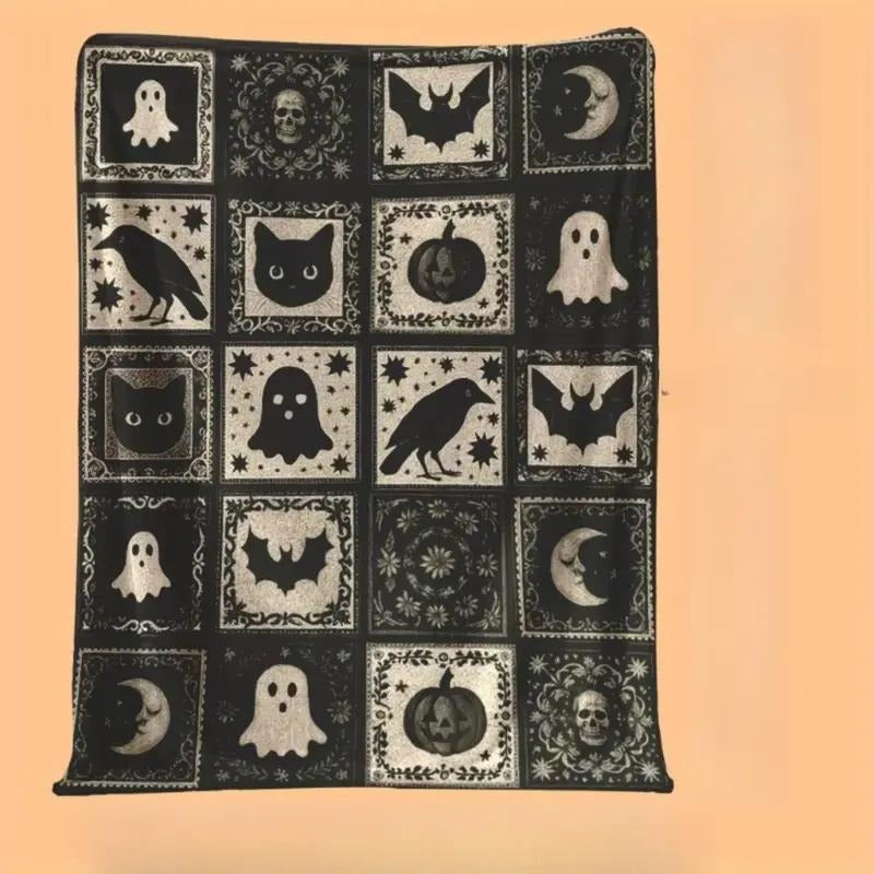 Black and White Ghost Bat Pumpkin Witch Hat Pattern Soft Funny Throw Blanket