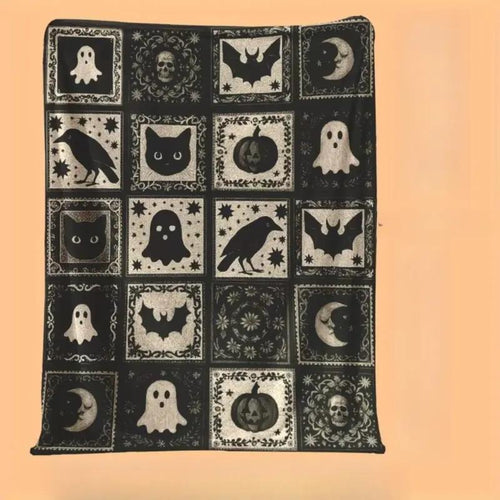 Black and White Ghost Bat Pumpkin Witch Hat Pattern Soft Funny Throw Blanket