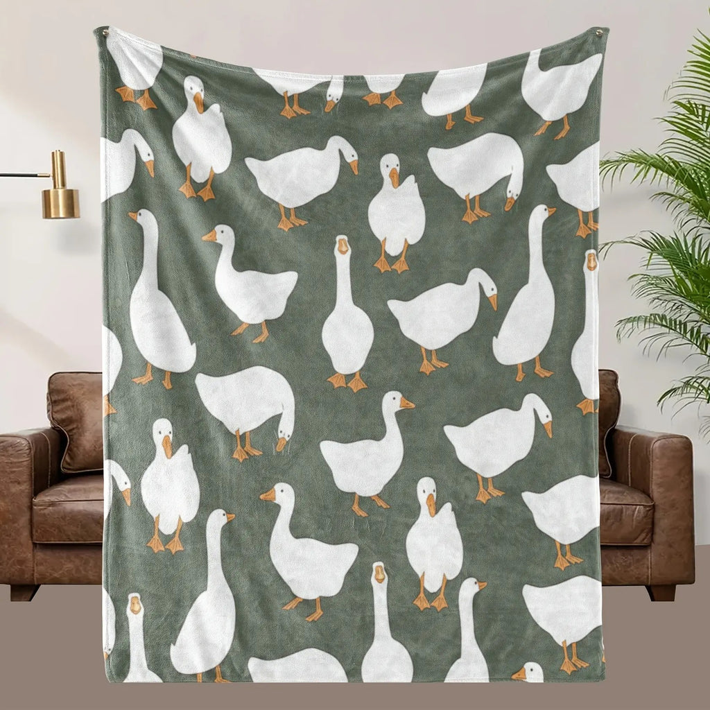 Sage Green Plush with Cute White Goose Blanket
