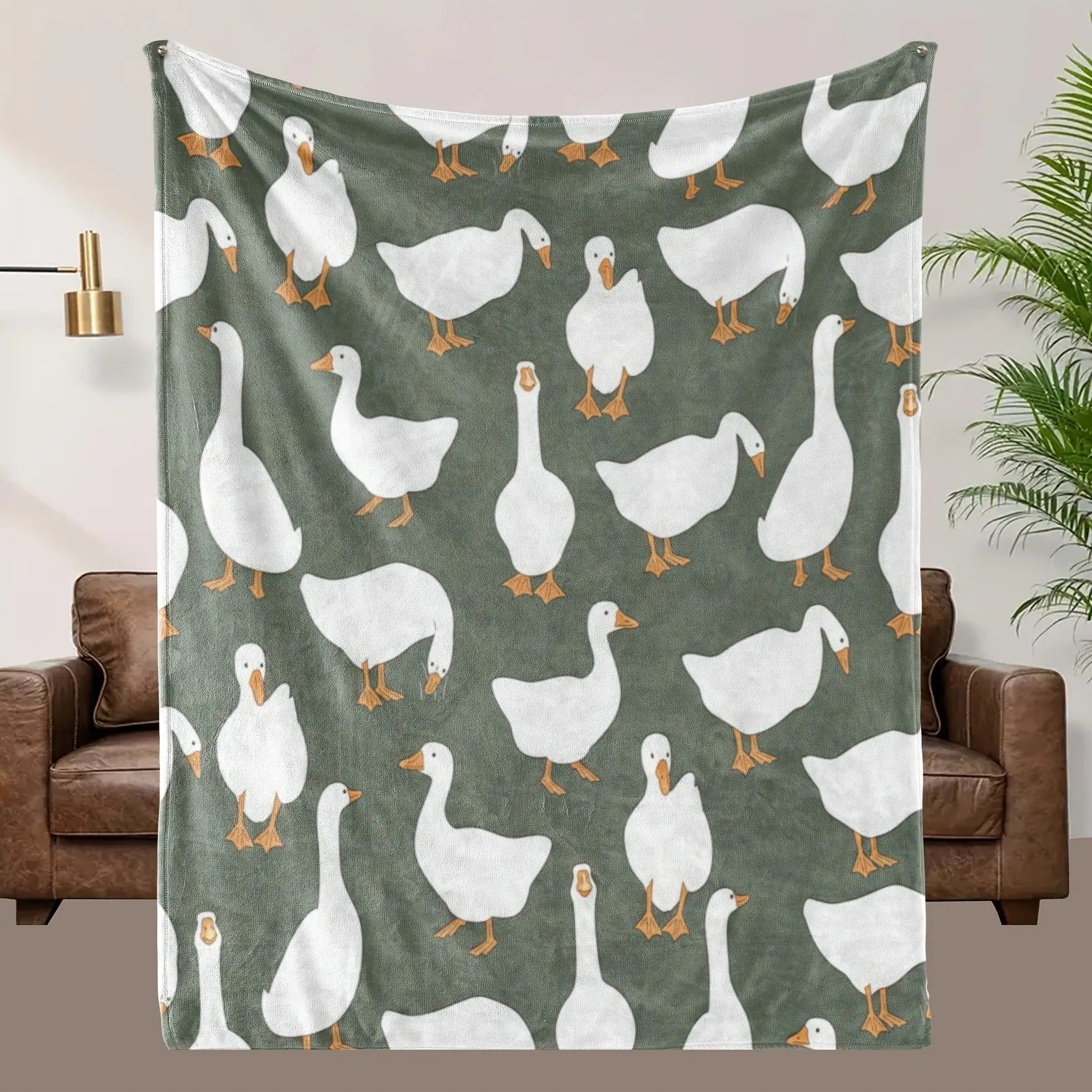 Sage Green Plush with Cute White Goose Blanket