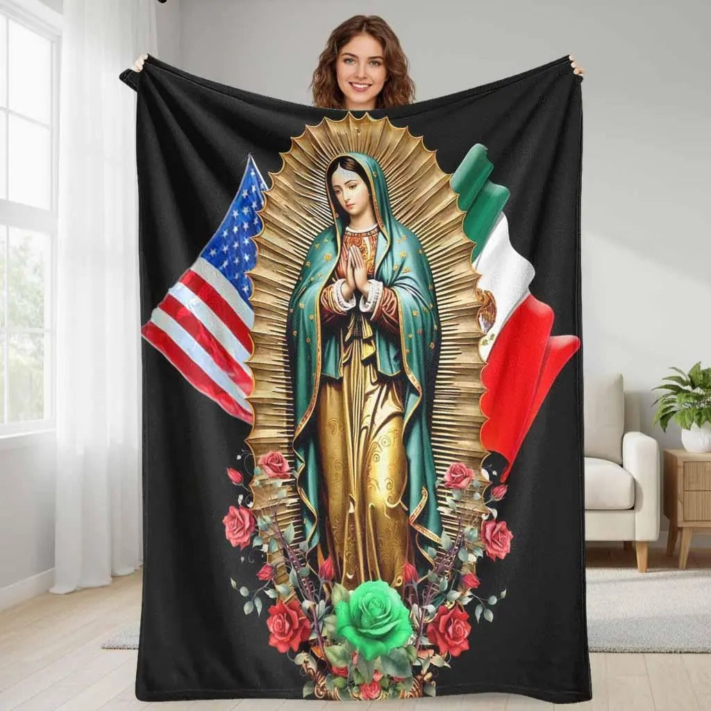 Virgin Mary With USA And Mexico Flag Floral Print Blanket