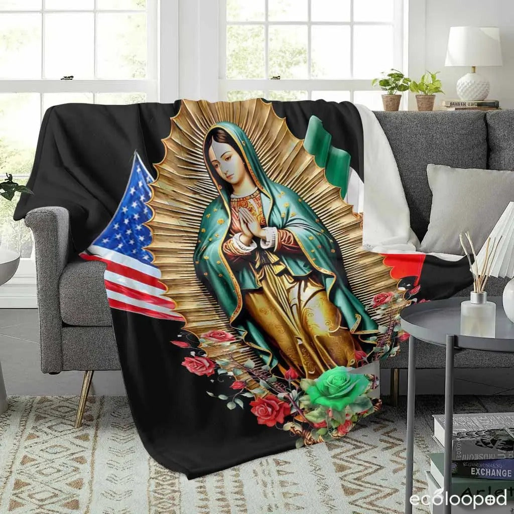Virgin Mary With USA And Mexico Flag Floral Print Blanket
