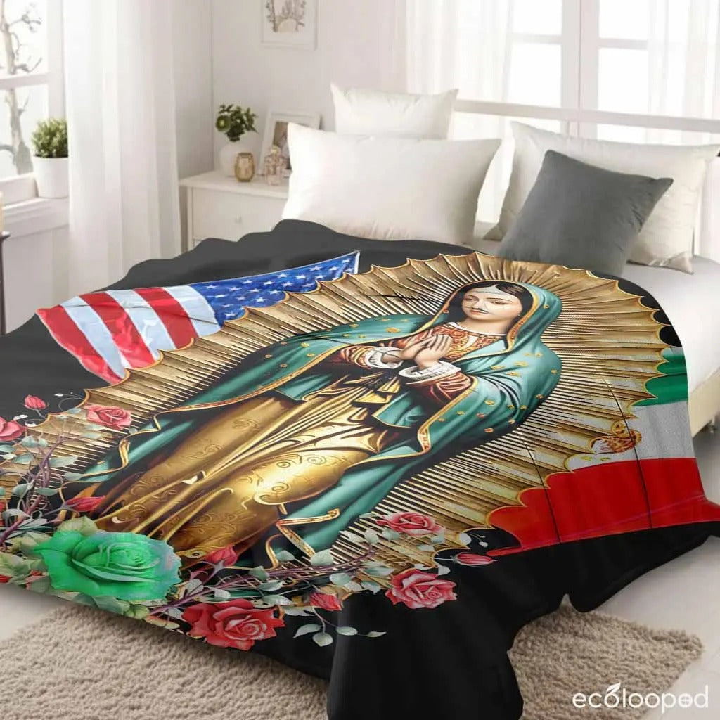 Virgin Mary With USA And Mexico Flag Floral Print Blanket