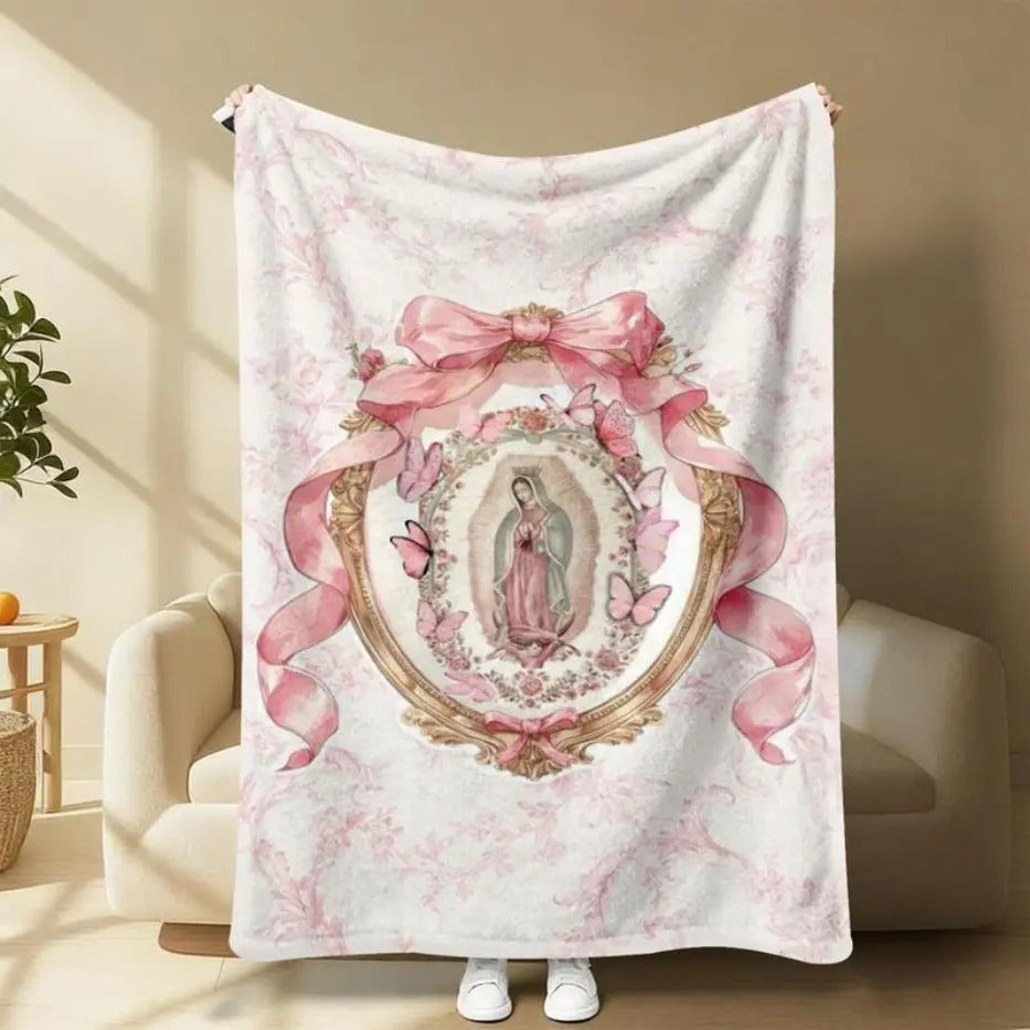 Our Lady Of Guadalupe Pink Bow Frame Flannel Blanket