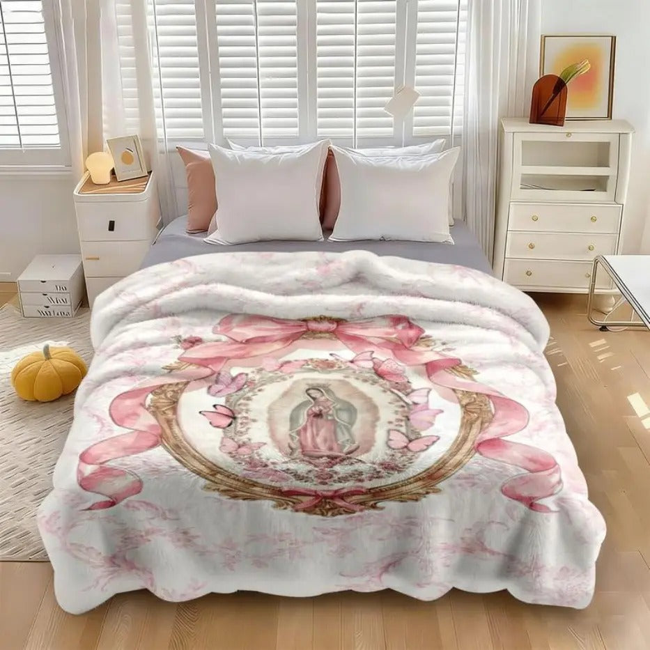 Our Lady Of Guadalupe Pink Bow Frame Flannel Blanket
