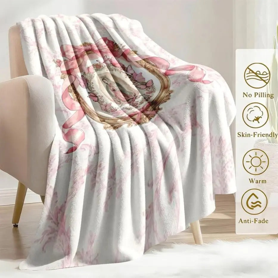 Our Lady Of Guadalupe Pink Bow Frame Flannel Blanket