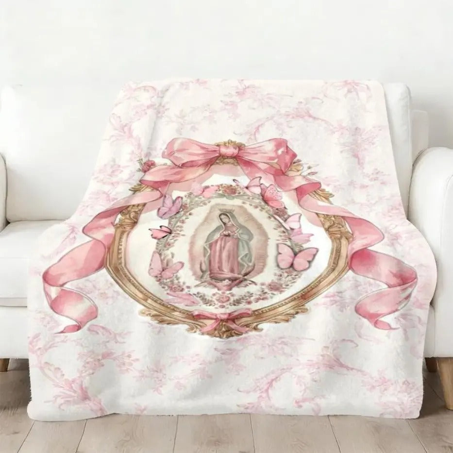 Our Lady Of Guadalupe Pink Bow Frame Flannel Blanket