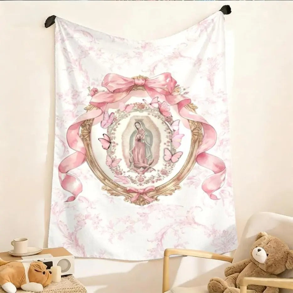 Our Lady Of Guadalupe Pink Bow Frame Flannel Blanket