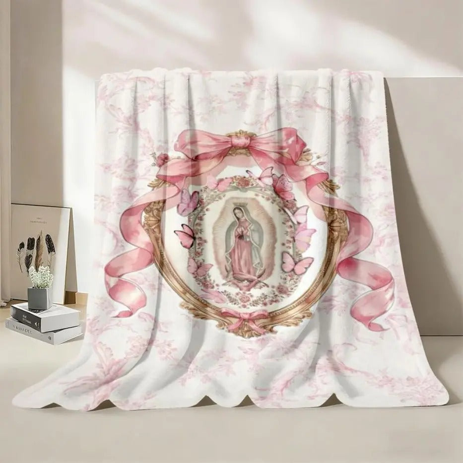 Our Lady Of Guadalupe Pink Bow Frame Flannel Blanket