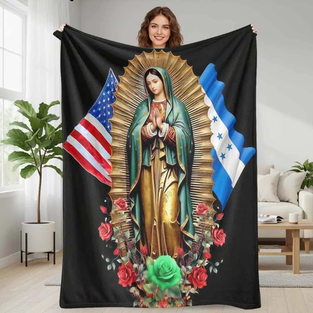 Virgin Mary With USA And Mexico Flag Floral Print Blanket