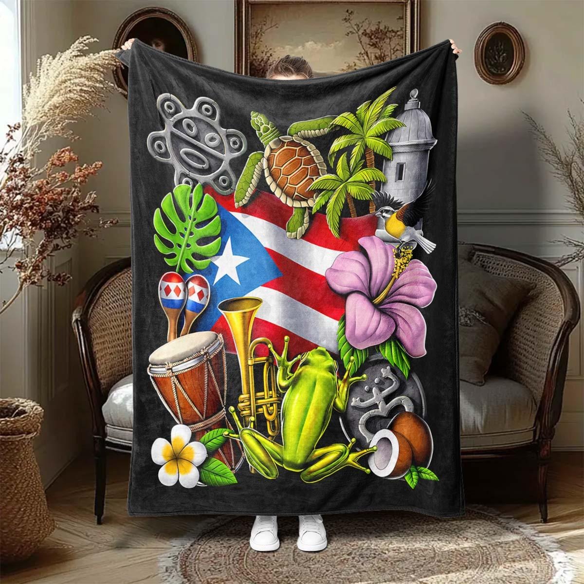 Puerto Rico Flag Frog Art Throw Blanket