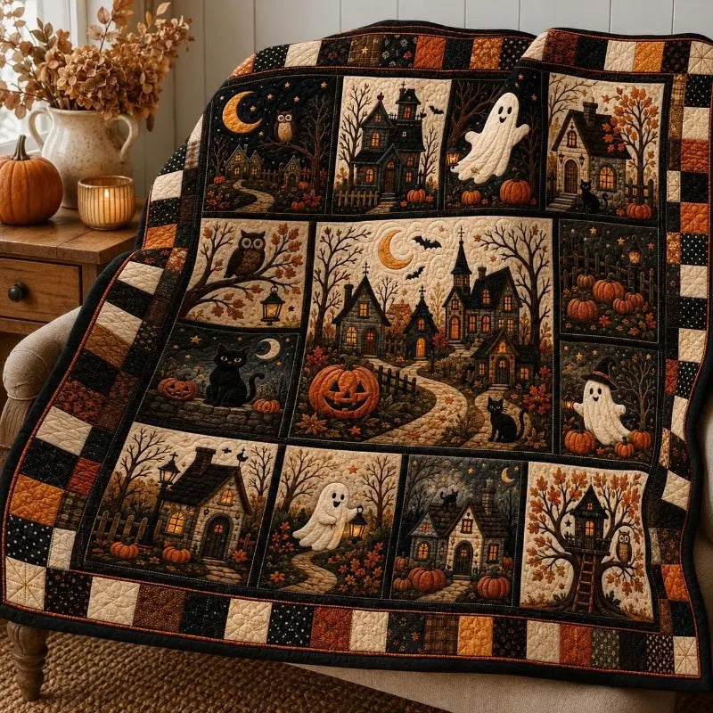Halloween Ghost Haunted House Floral Flannel Blanket