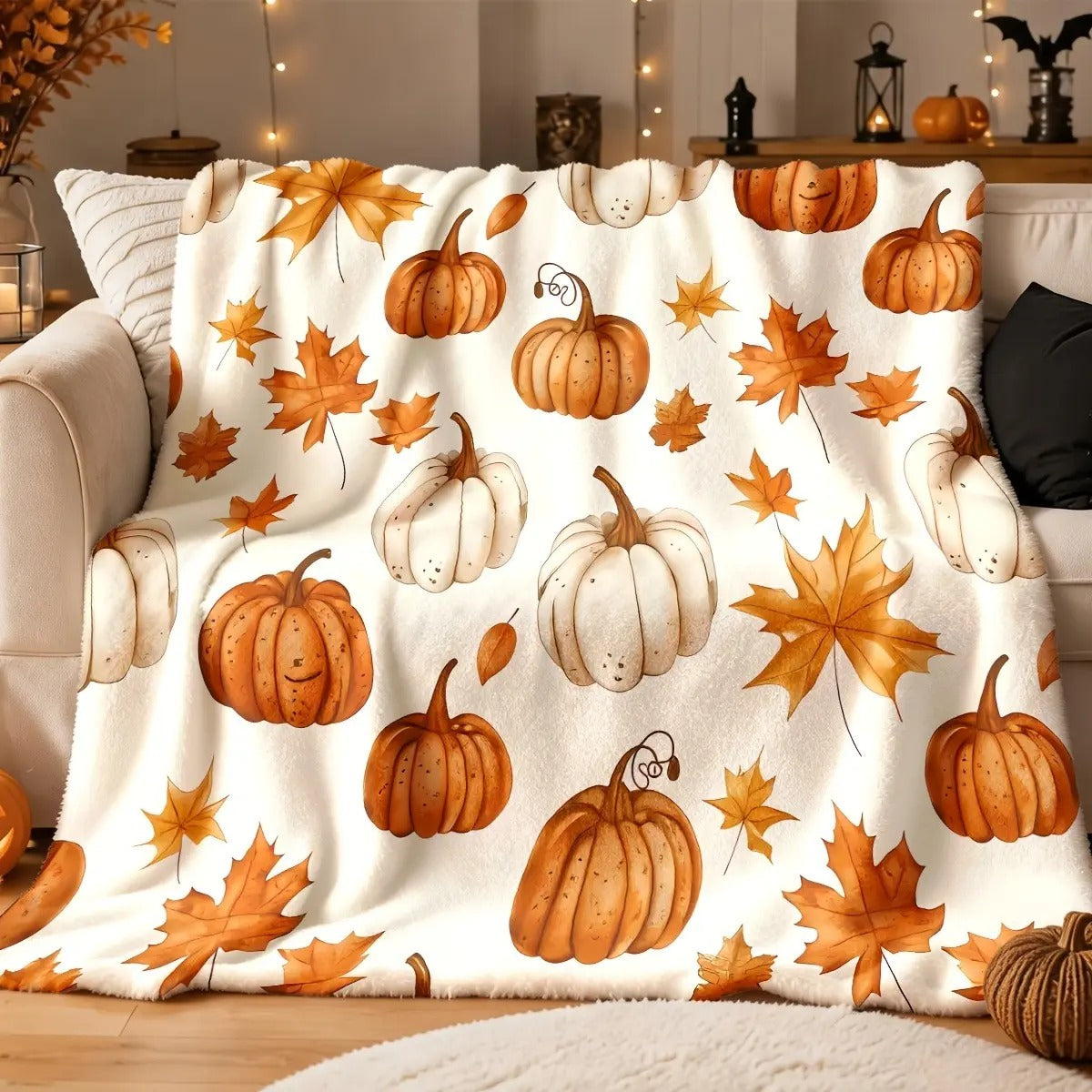 Watercolor Fall Pumpkin & Maple Leaf Flannel Blanket