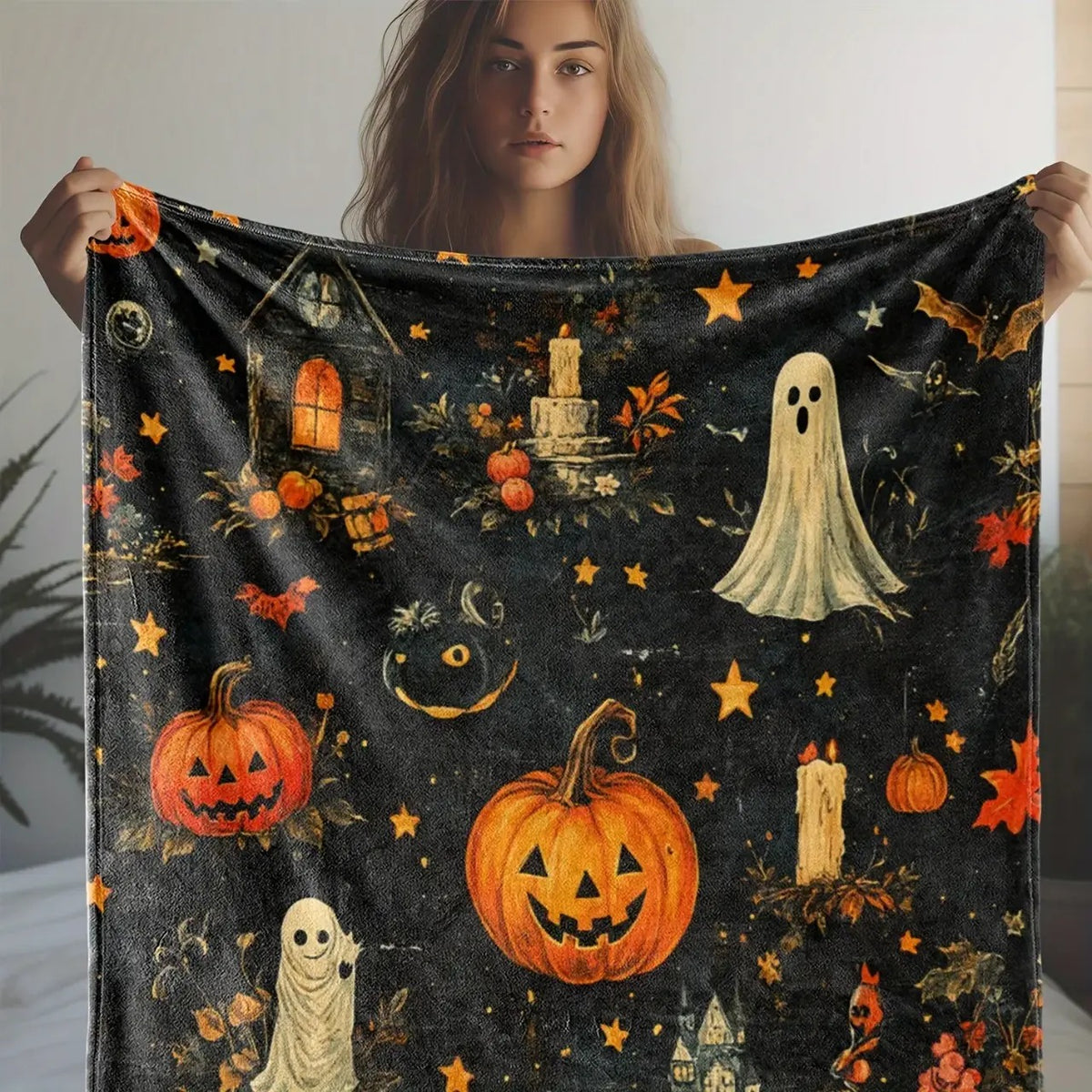 Vintage Halloween Pumpkin Ghost Flannel Blanket