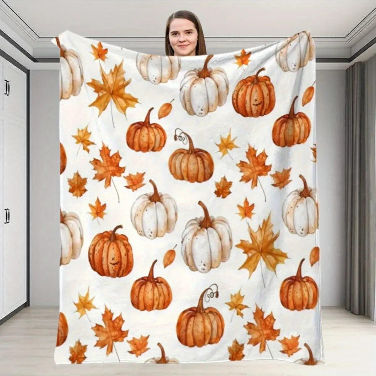 Watercolor Fall Pumpkin & Maple Leaf Flannel Blanket