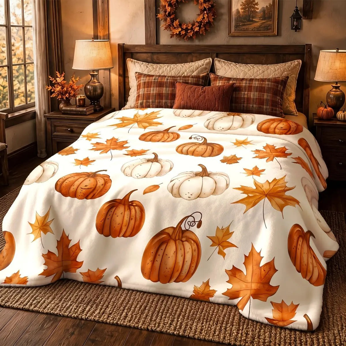 Watercolor Fall Pumpkin & Maple Leaf Flannel Blanket