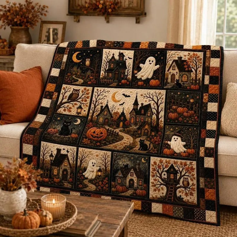 Halloween Ghost Haunted House Floral Flannel Blanket