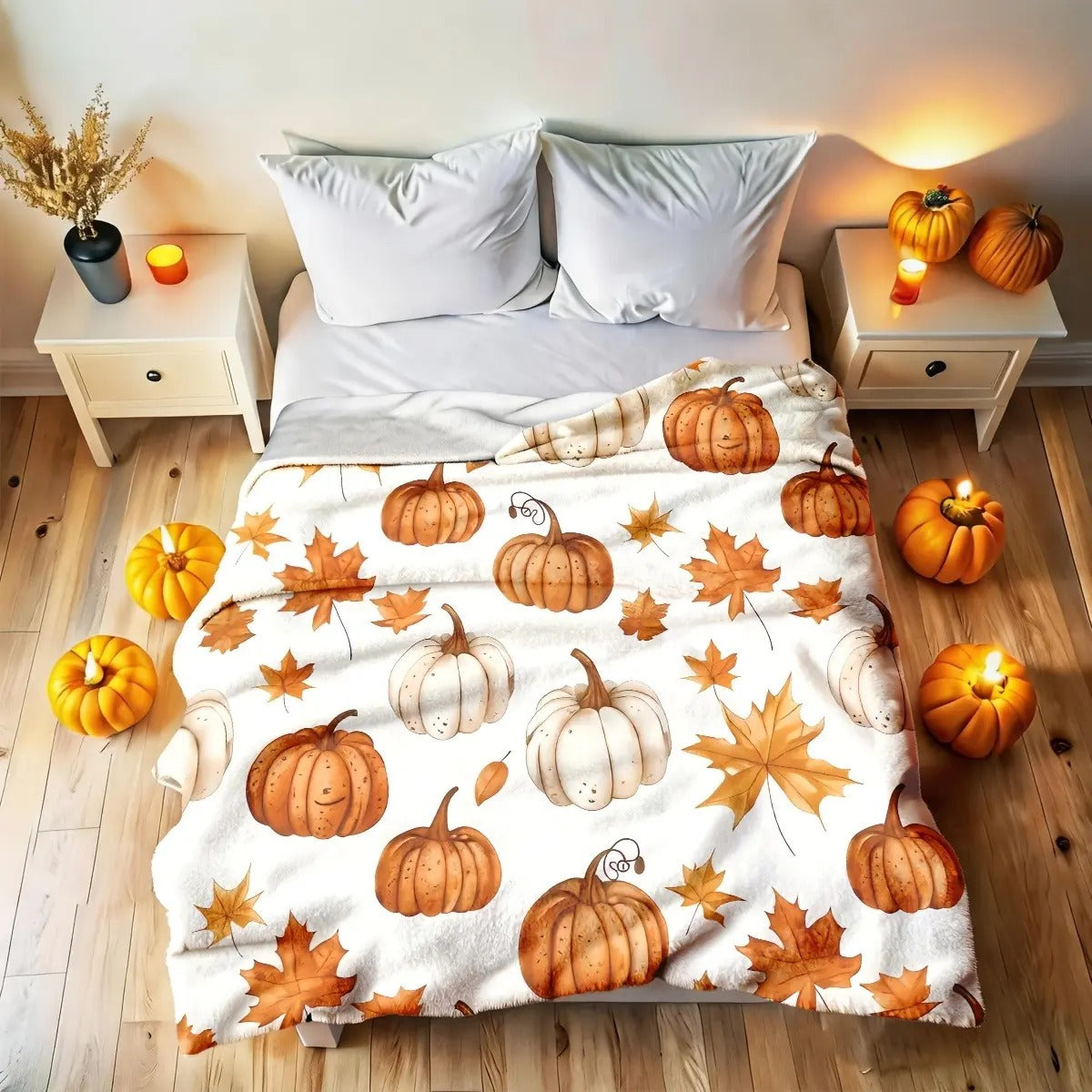 Watercolor Fall Pumpkin & Maple Leaf Flannel Blanket