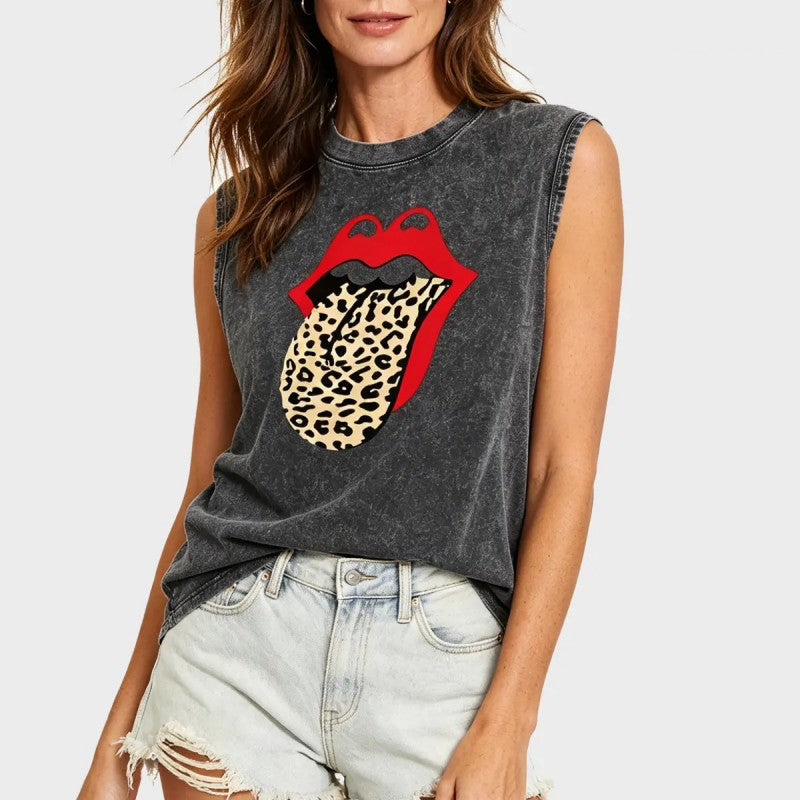 Vintage Washed Cotton Tank Top - Leopard Tongue Lips DTG Printed Graphic Sleeveless Shirt Oversized Casual Streetwear Vest for Women & Men